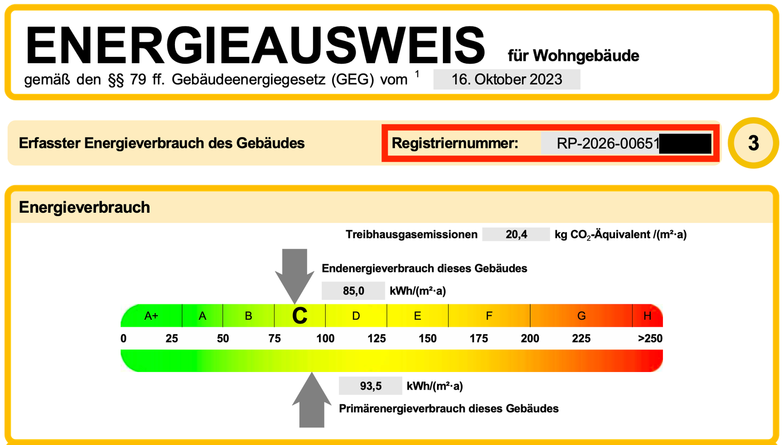 DIBt-Registriernummer auf einem Energieausweis – Beispiel mit geschwärzter Nummer