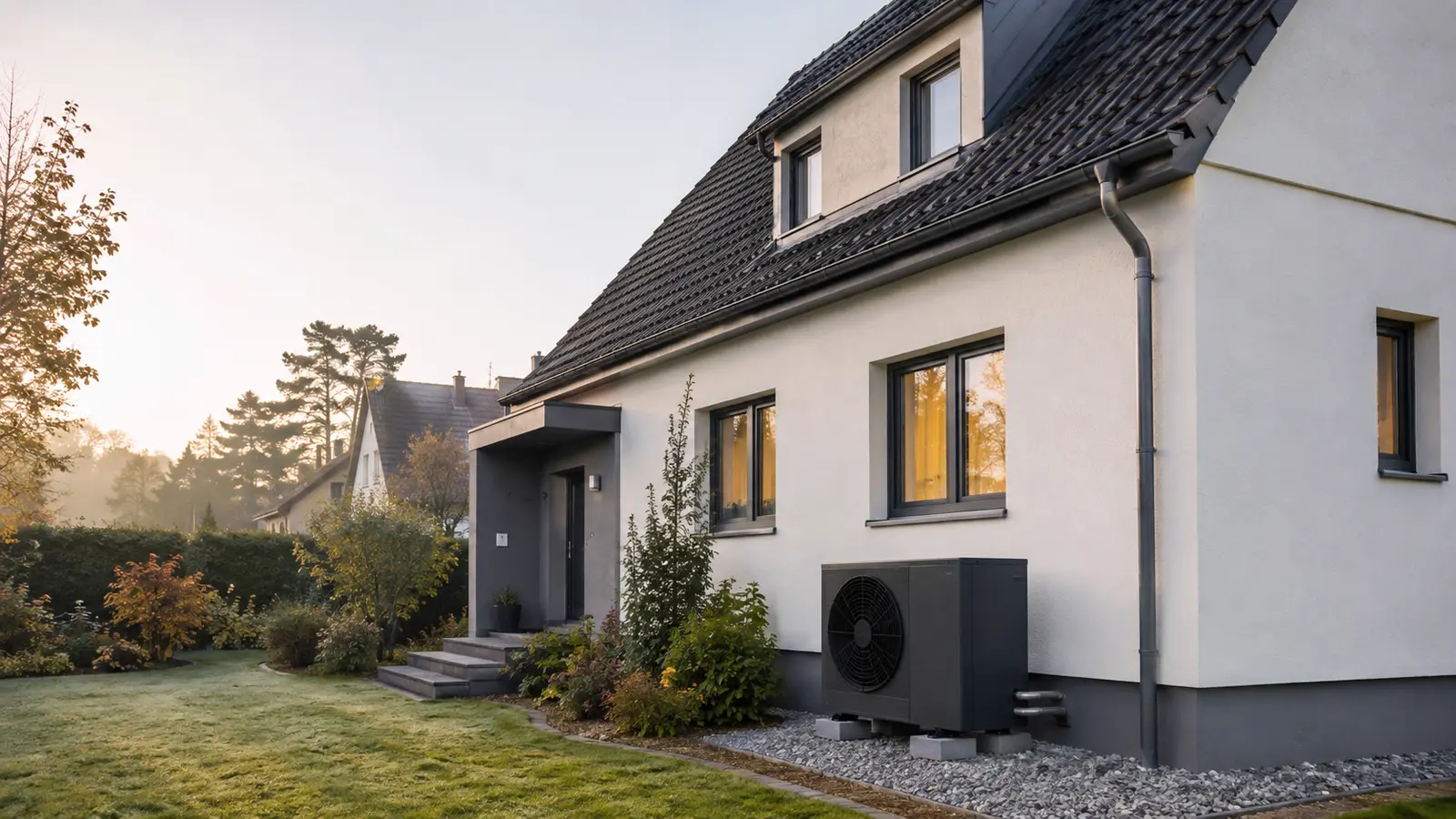 Luft-Wasser-Wärmepumpe an einem modernisierten Einfamilienhaus
