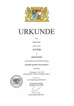 Urkunde staatlich geprüfter Bautechniker