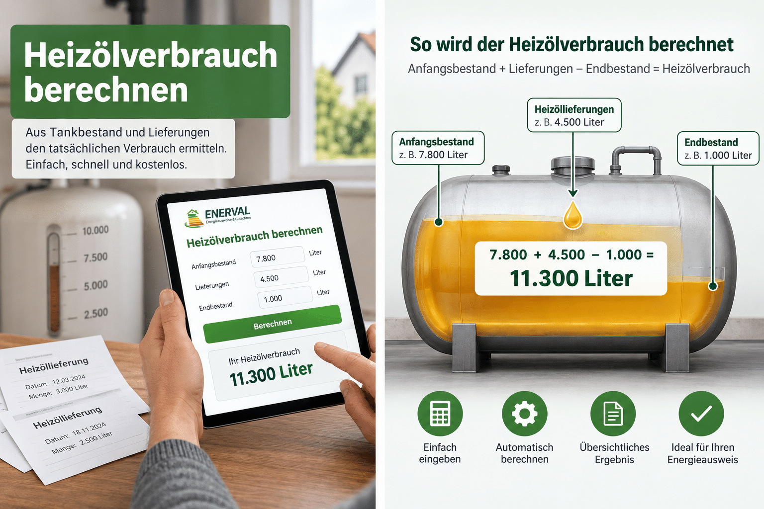 Heizölverbrauch berechnen mit Anfangsbestand, Heizöllieferungen und Endbestand